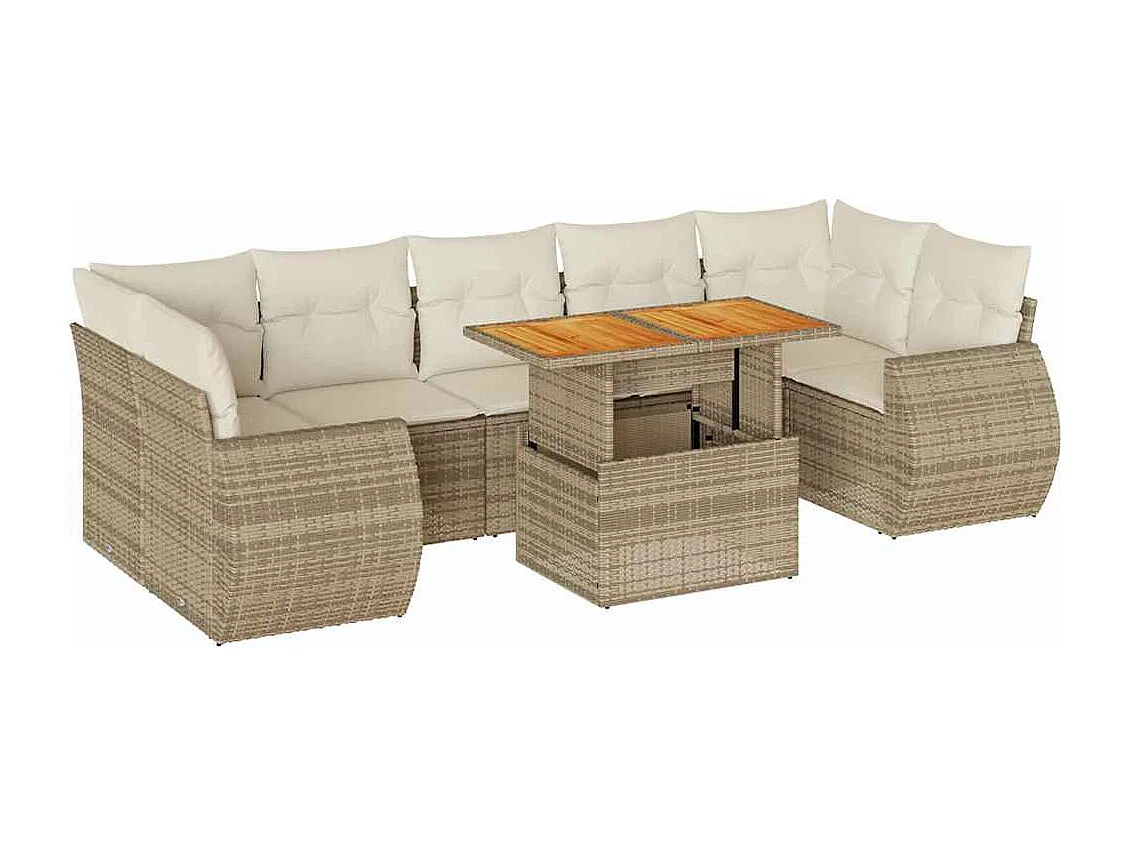 Salon de jardin avec coussins 8 pcs beige résine tressée