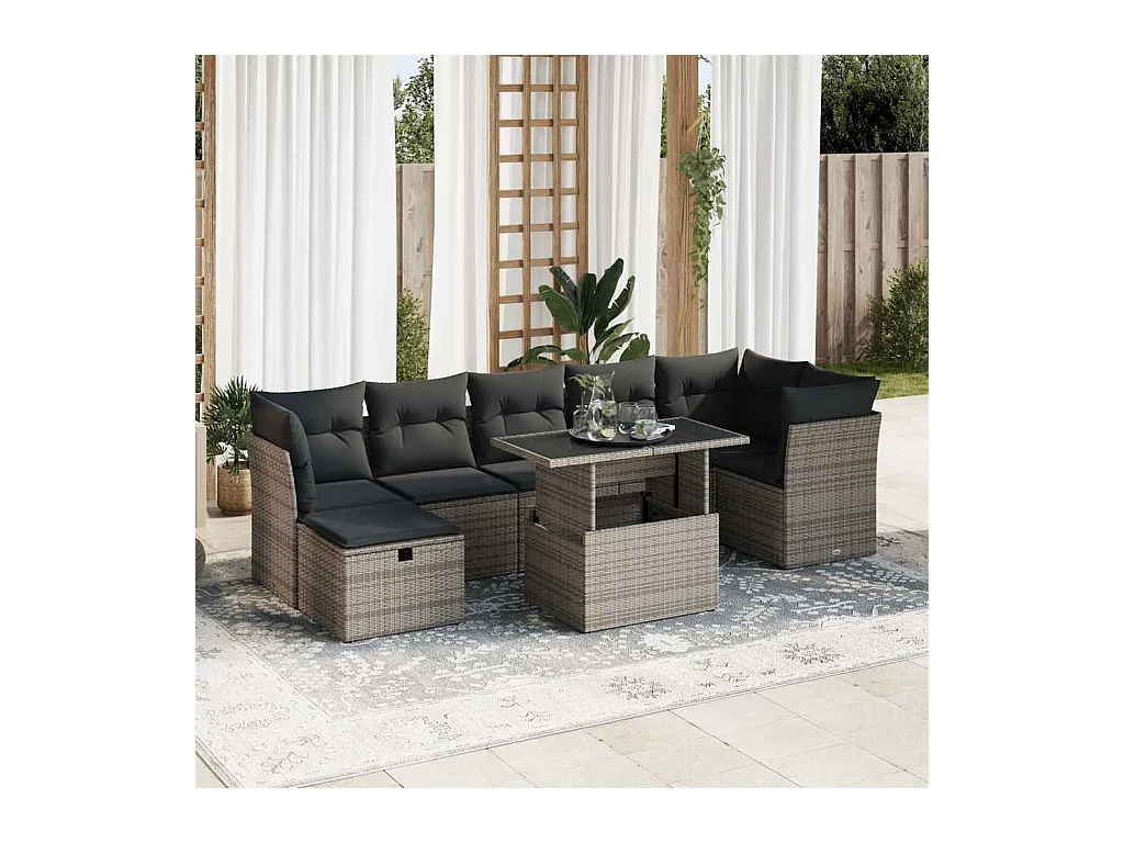 Salon de jardin 8 pcs avec coussins gris résine tressée