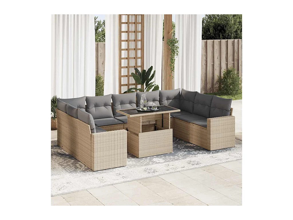 Salon de jardin avec coussins 10 pcs beige résine tressée