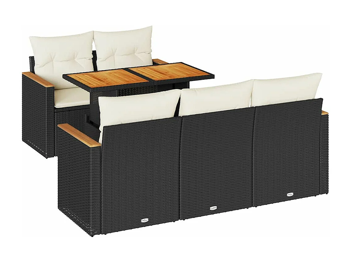 Conjunto de móveis de jardim de 6 peças com almofadas pretas em vime de resina de acácia