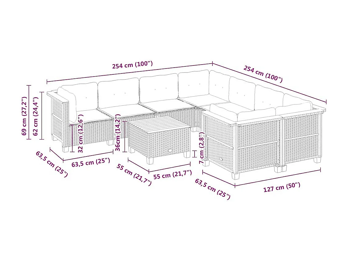 Salon de jardin avec coussins 9 pcs beige résine tressée