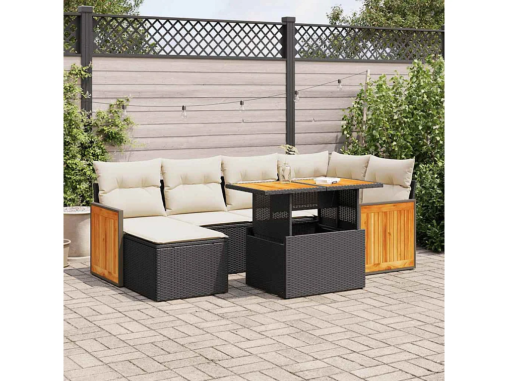 Conjunto de móveis de jardim com almofadas 7 peças vime de resina preta acácia