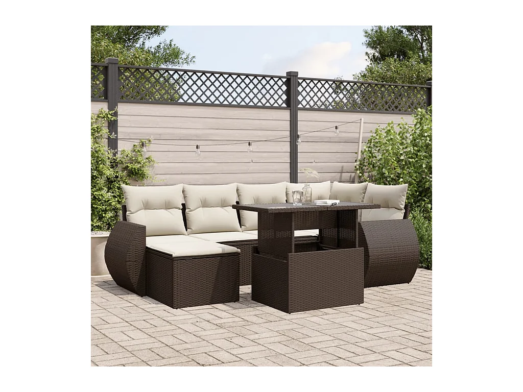Salon de jardin avec coussins 7 pcs marron résine tressée