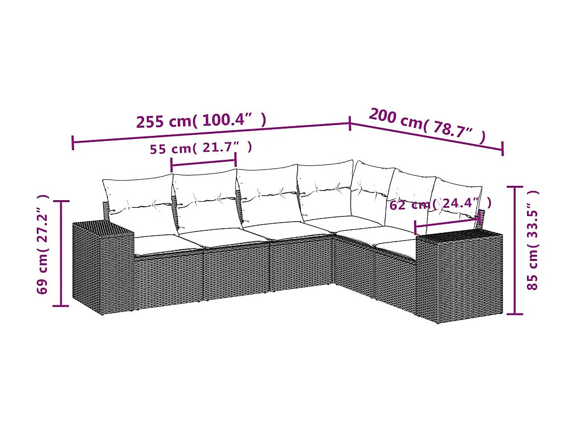 Conjunto de móveis de jardim com almofadas 6 peças resina trançada marrom