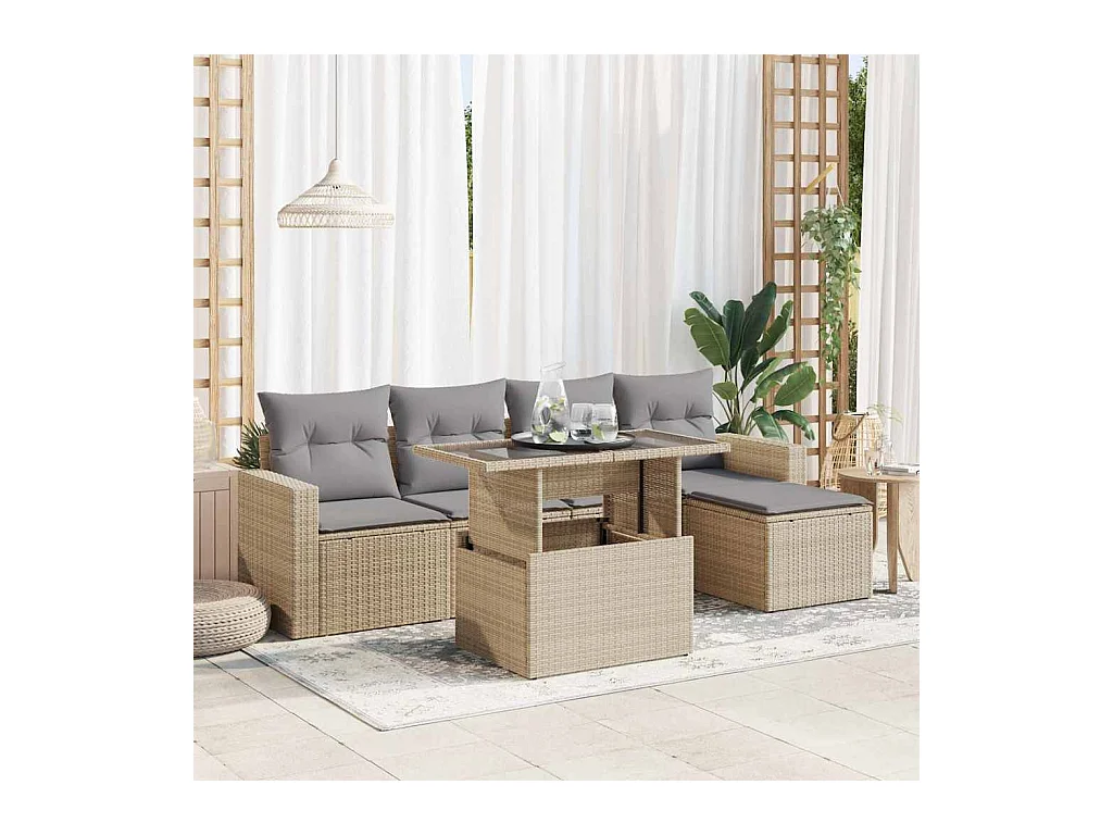 Salon de jardin avec coussins 6 pcs beige résine tressée