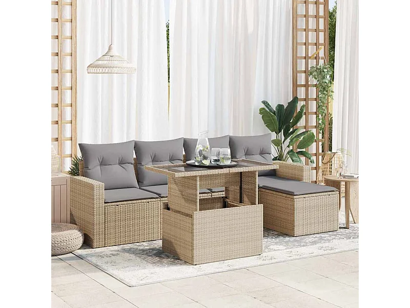 Salon de jardin avec coussins 6 pcs beige résine tressée