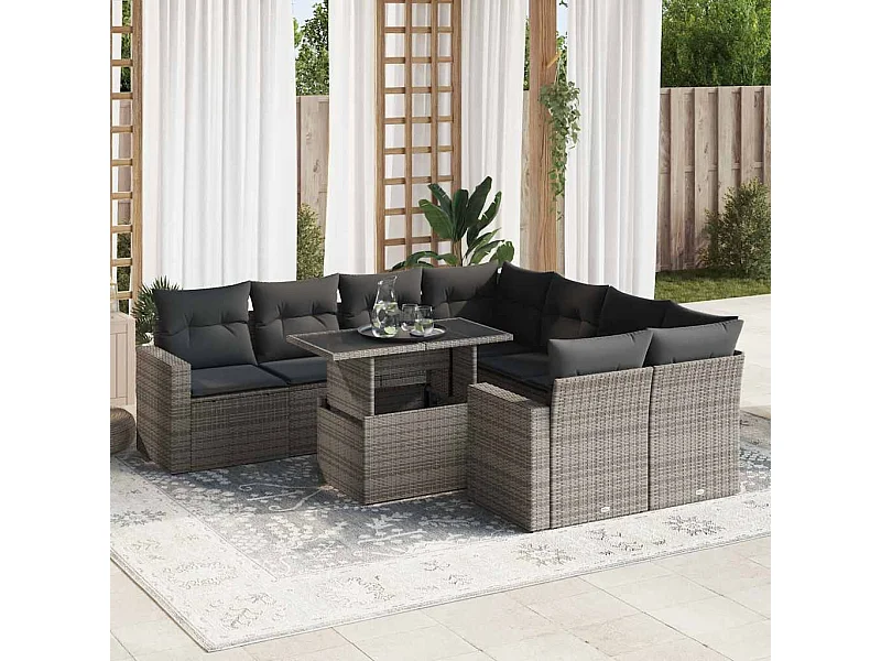 Salon de jardin 9 pcs avec coussins gris résine tressée