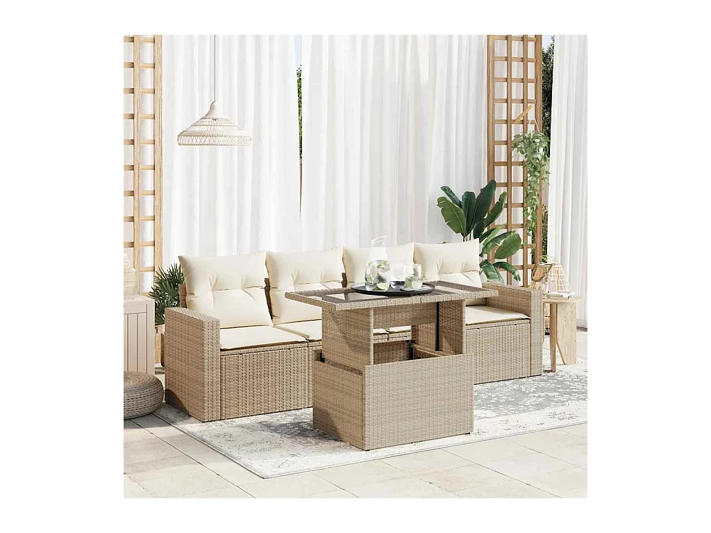 Salon de jardin avec coussins 5 pcs beige résine tressée