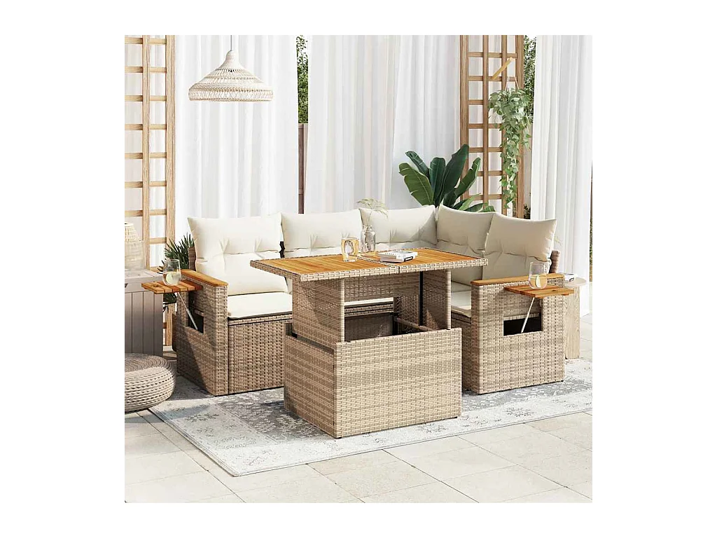 Salon de jardin avec coussins 5 pcs beige résine tressée acacia