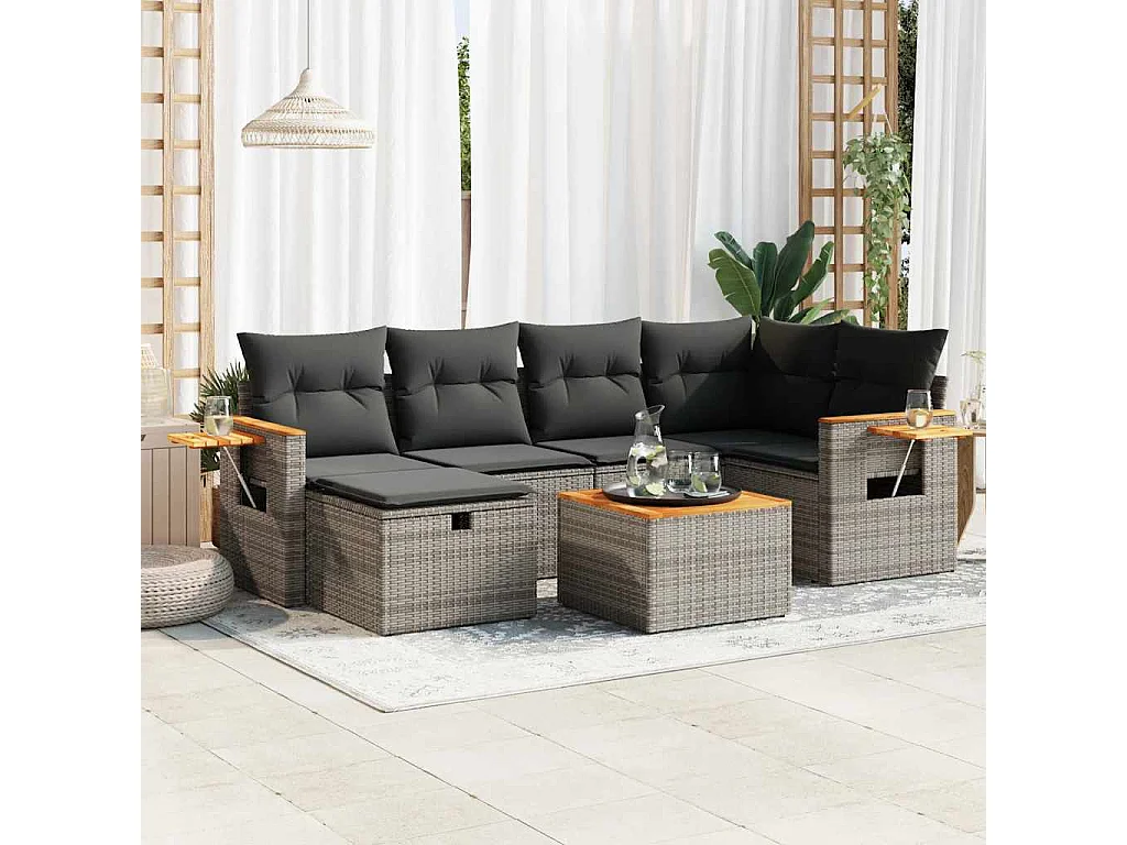 Set mobili da giardino con cuscini 7 pezzi in resina intrecciata grigia