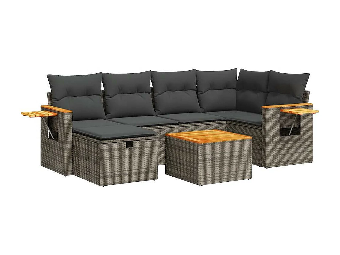 Set mobili da giardino con cuscini 7 pezzi in resina intrecciata grigia