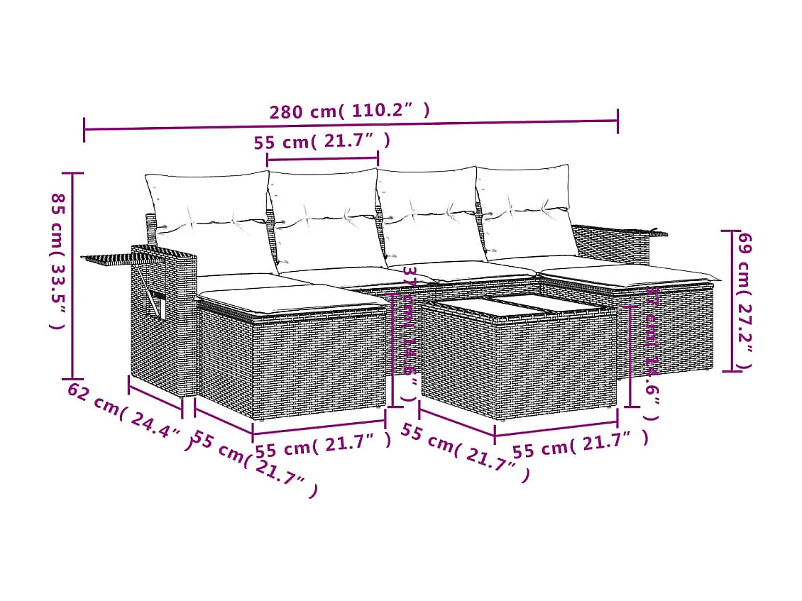 Salon de jardin avec coussins 7 pcs marron résine tressée