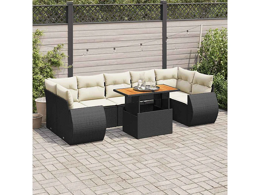 Salon de jardin 8 pcs avec coussins noir résine tressée
