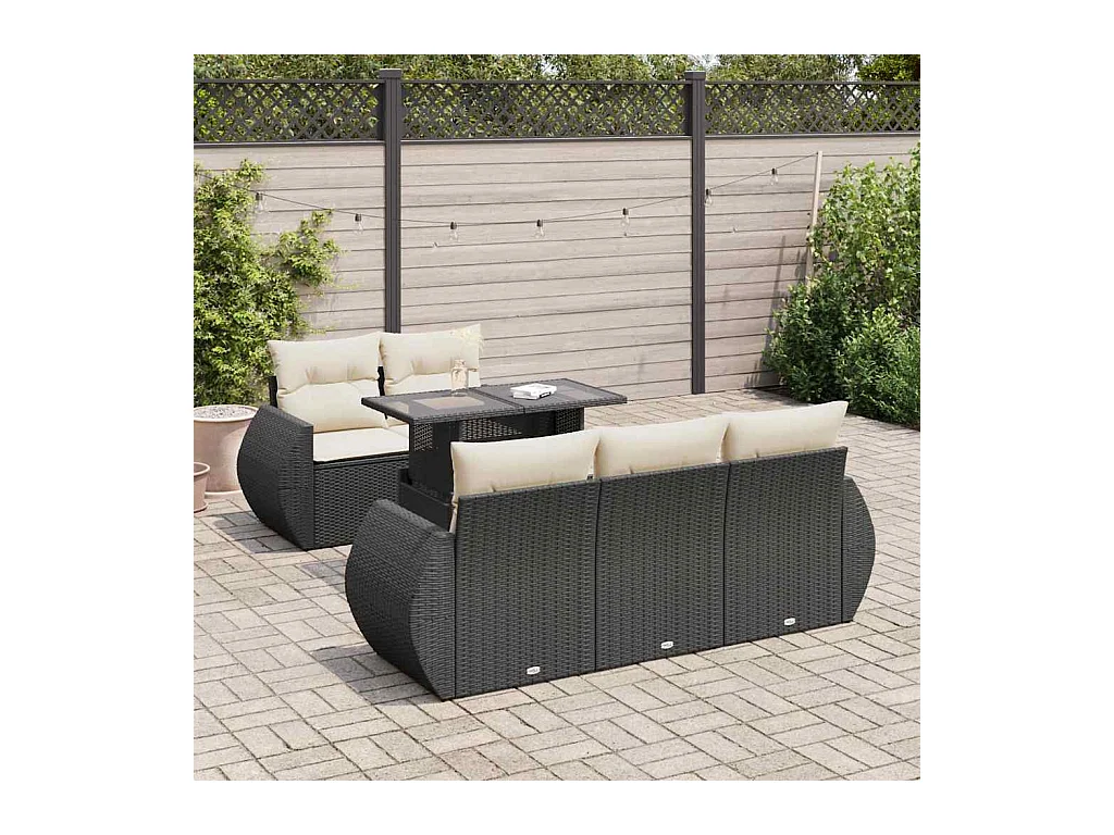 Salon de jardin 6 pcs avec coussins noir résine tressée