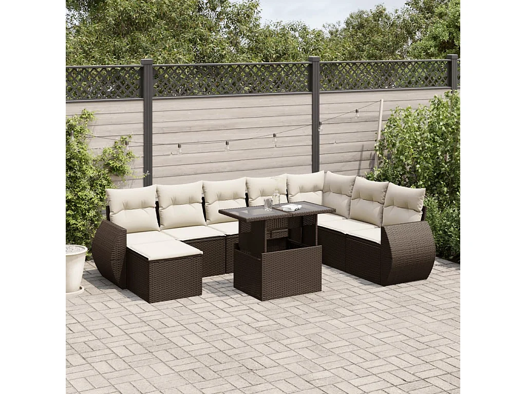 Set mobili da giardino con cuscini 9 pezzi in vimini marrone resina
