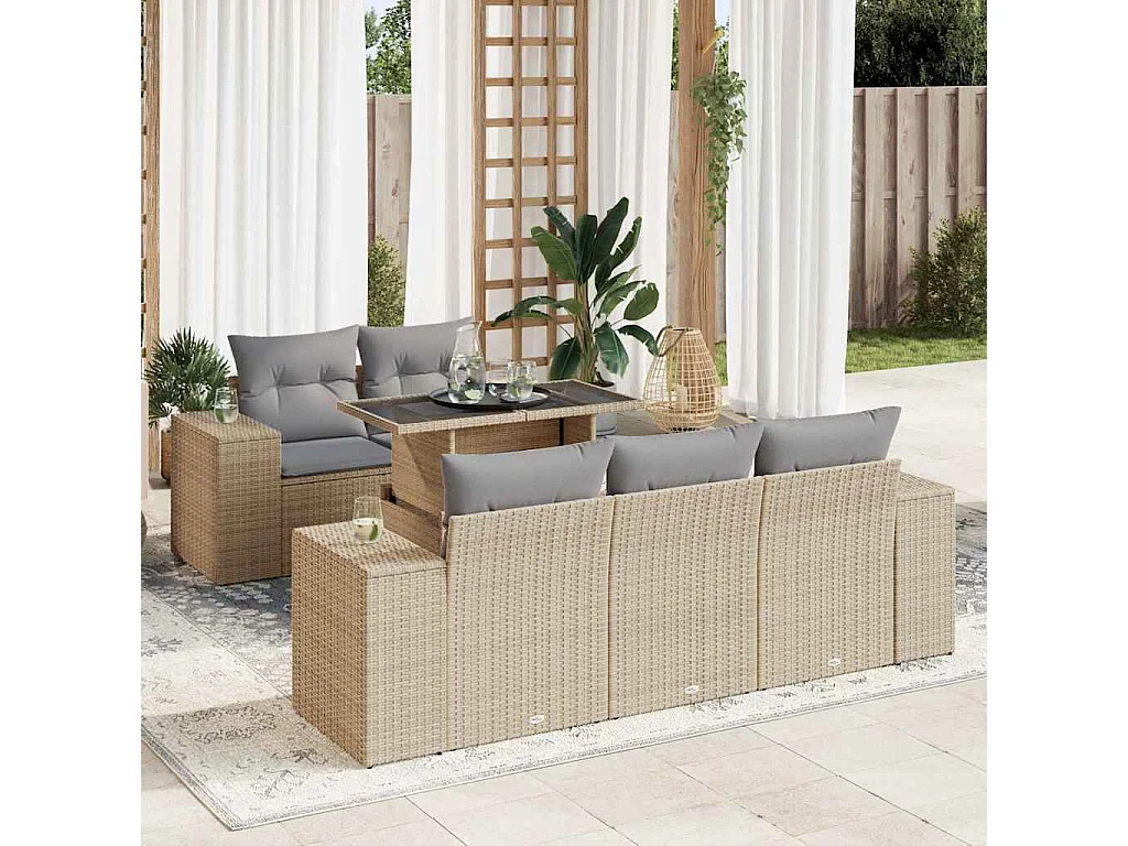 Conjunto de móveis de jardim com almofadas 6 peças resina tecida bege