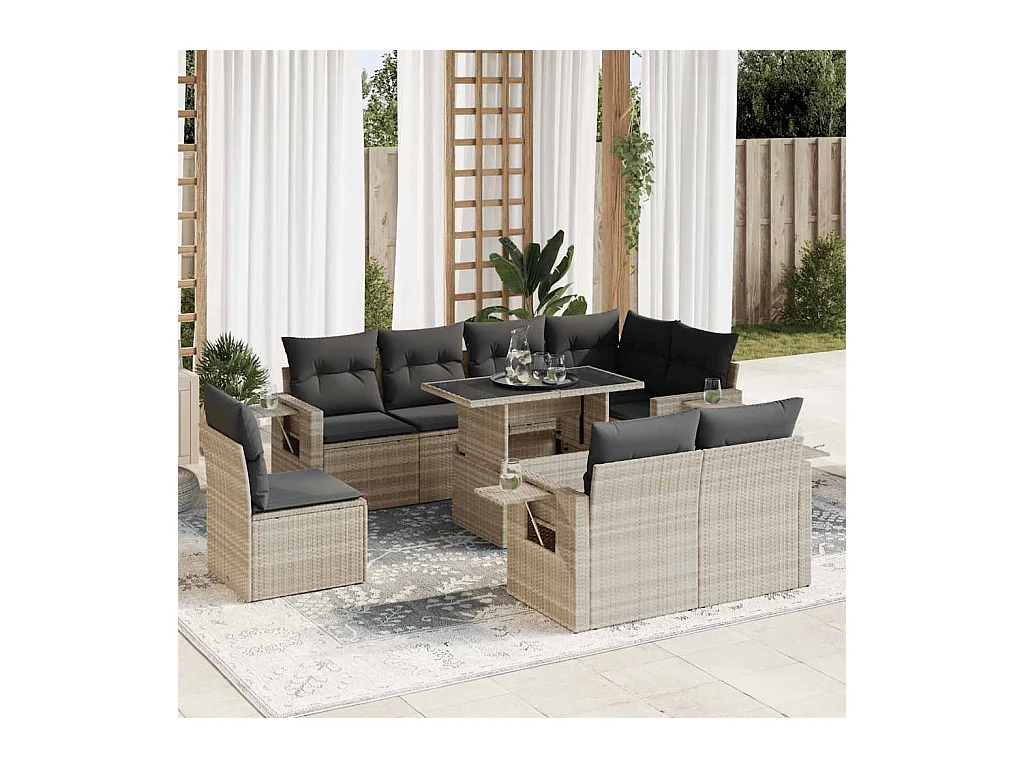Set di mobili da giardino da 9 pezzi con cuscini grigio chiaro in resina intrecciata