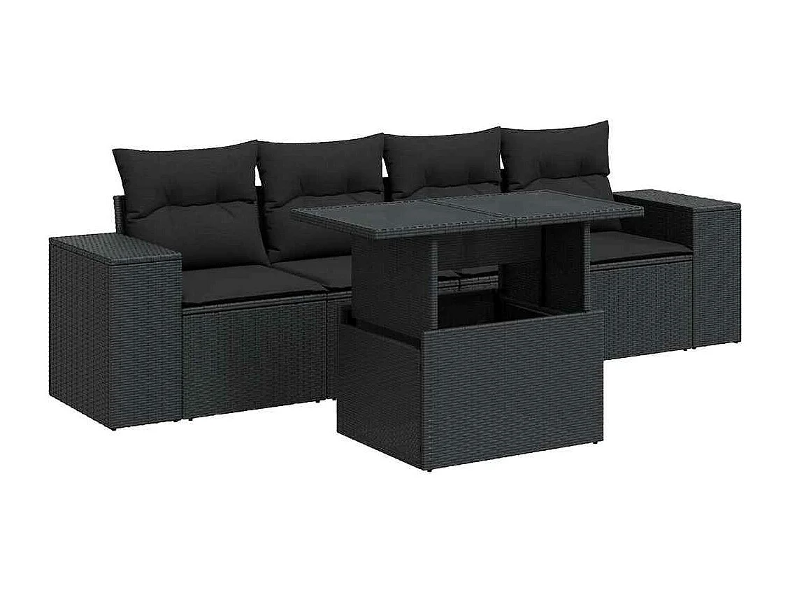 Conjunto de muebles de jardín de 5 piezas con cojines negros en resina trenzada