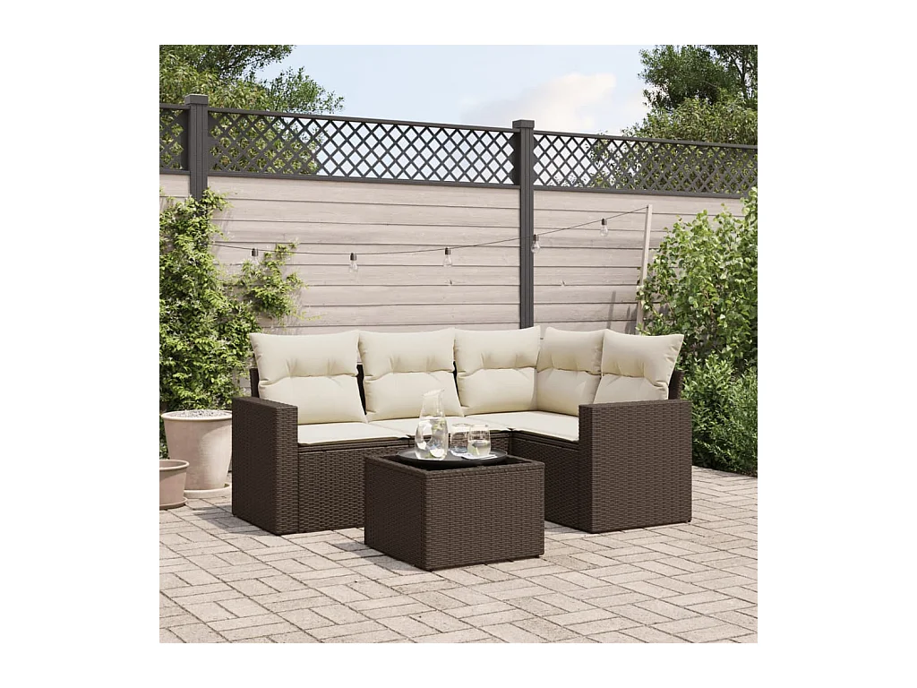Salon de jardin avec coussins 5 pcs marron résine tressée