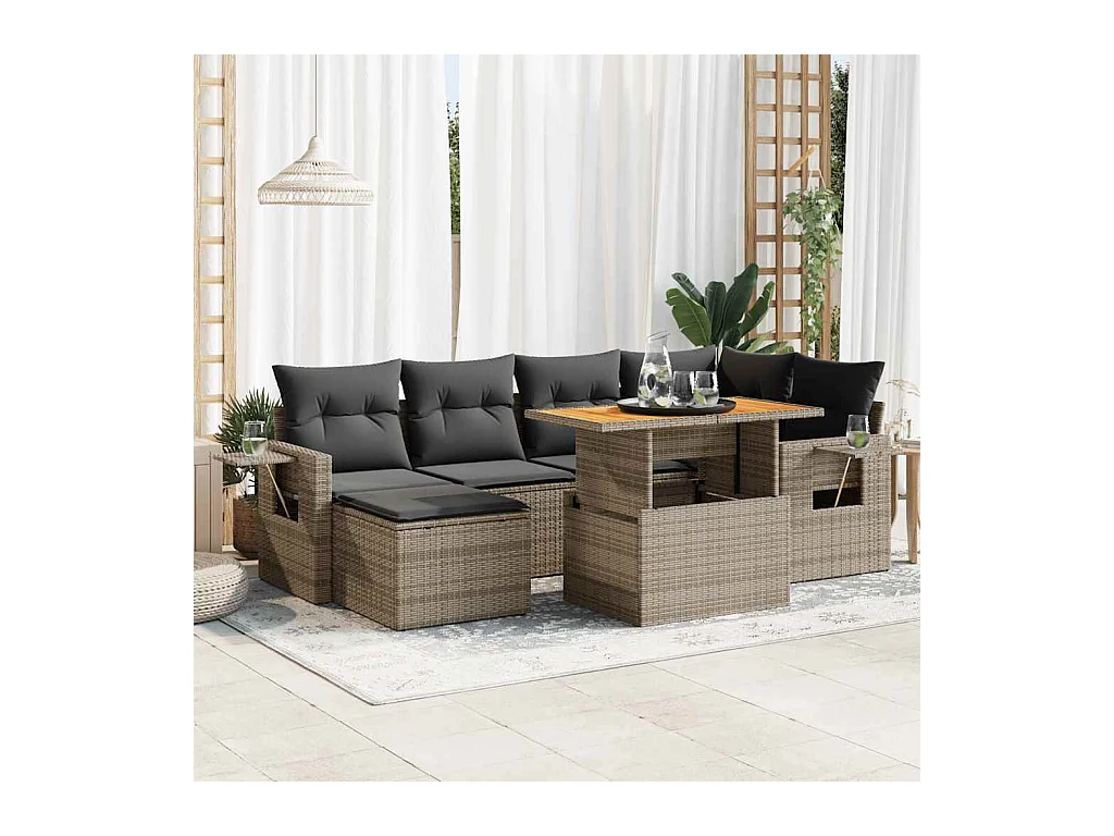 Salon de jardin avec coussins 7 pcs gris résine tressée