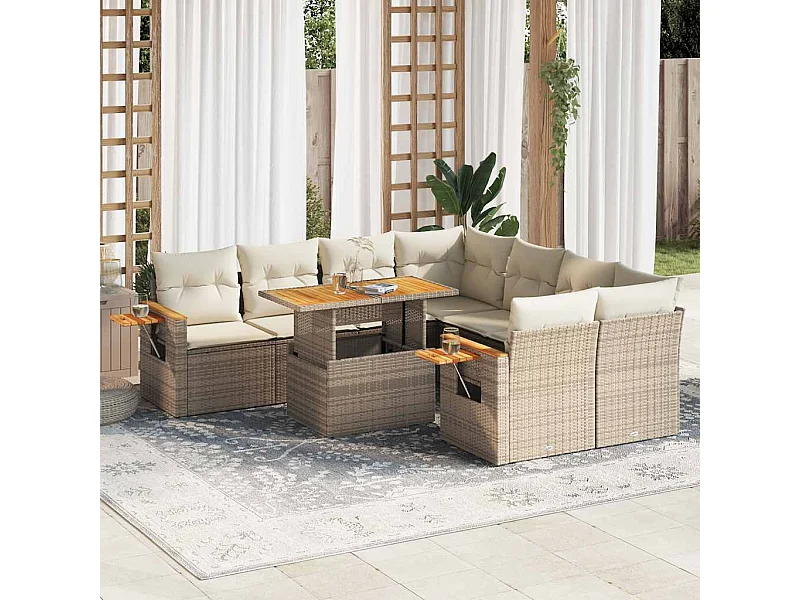 Salon de jardin avec coussins 9 pcs beige résine tressée acacia