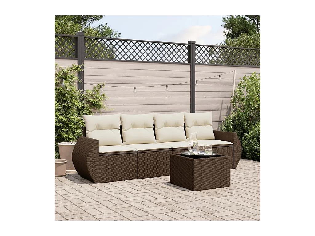 Set di mobili da giardino con cuscini 5 pezzi in resina intrecciata marrone