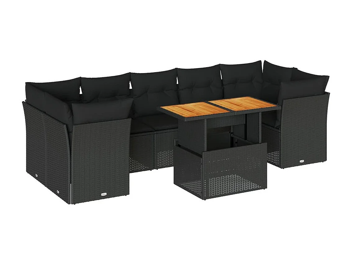 Conjunto de móveis de jardim de 8 peças com almofadas pretas em resina trançada