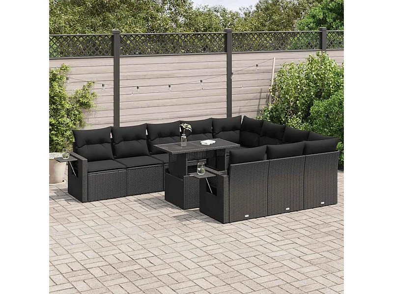 Set di mobili da giardino da 11 pezzi con cuscini neri in resina intrecciata