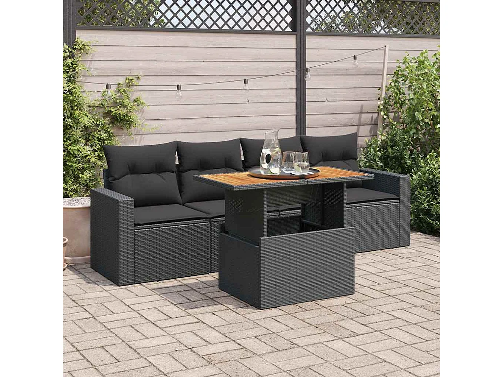 Salon de jardin 5 pcs avec coussins noir résine tressée