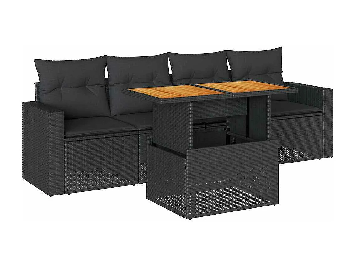 Salon de jardin 5 pcs avec coussins noir résine tressée