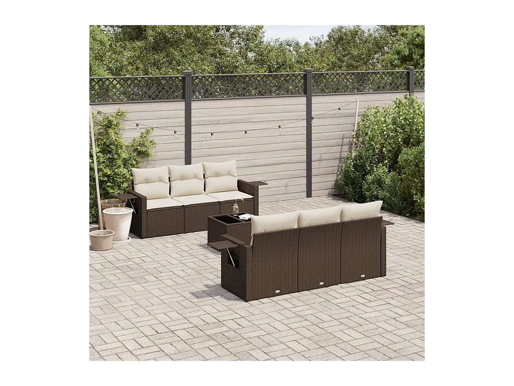 Salon de jardin avec coussins 7 pcs marron résine tressée