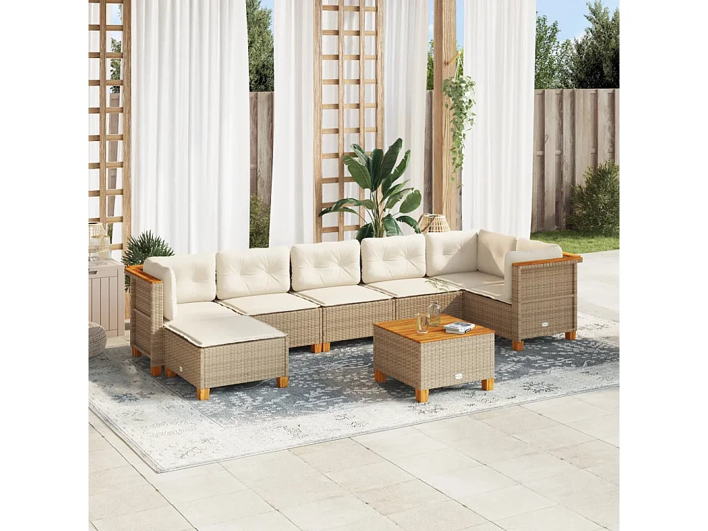 Salon de jardin avec coussins 8 pcs beige résine tressée