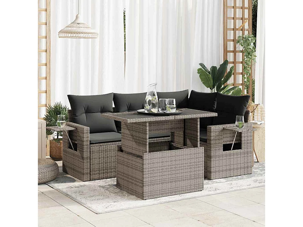 Salon de jardin 5 pcs avec coussins gris résine tressée