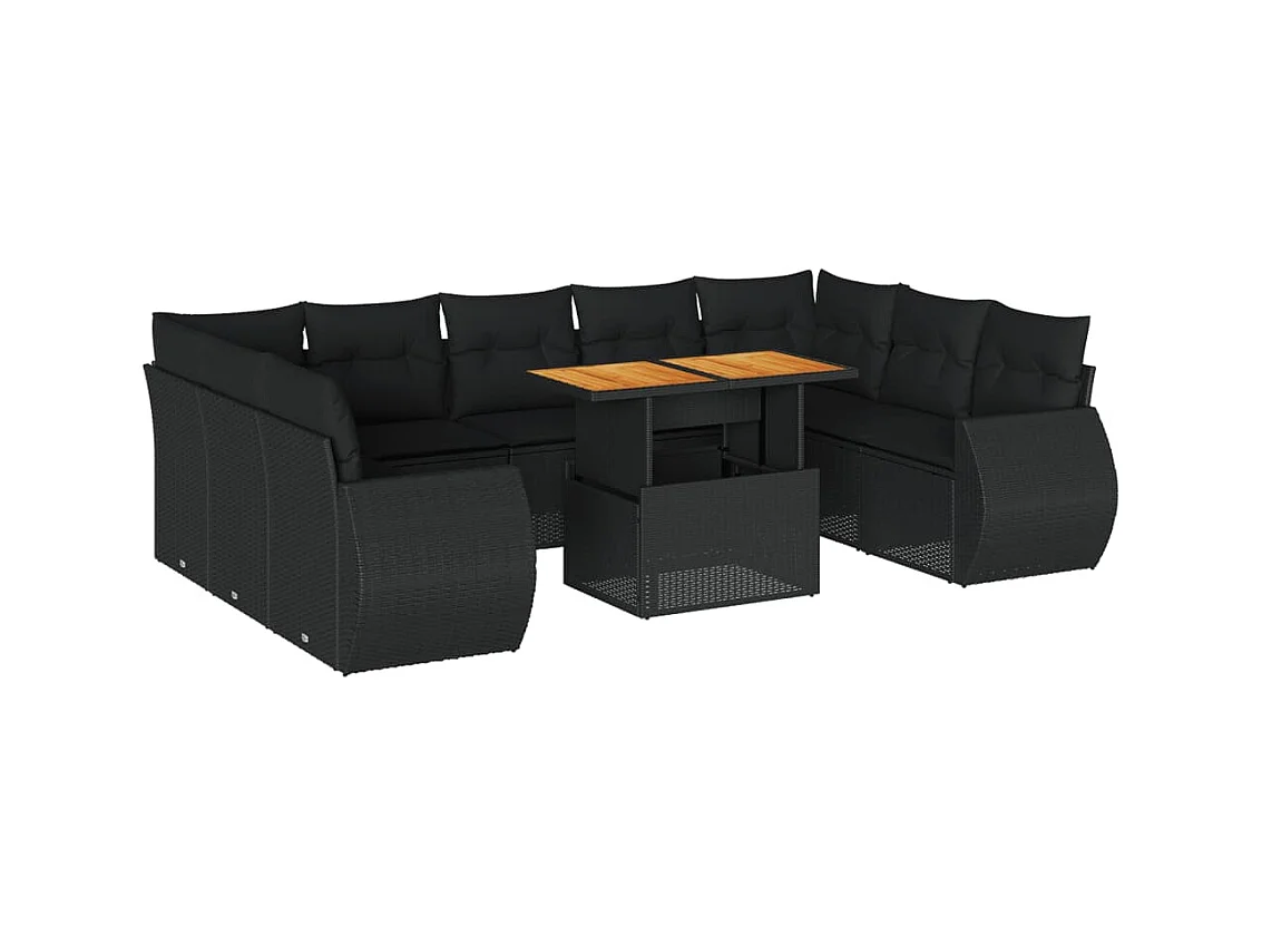 10-delige tuinmeubelset met zwarte kussens van gevlochten hars