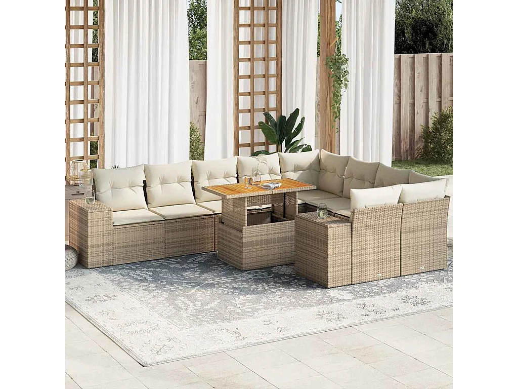 Set mobili da giardino con cuscini 10pz beige resina vimini acacia