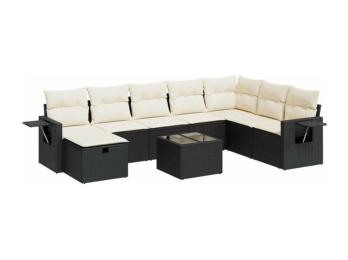 Salon de jardin 9 pcs avec coussins noir résine tressée