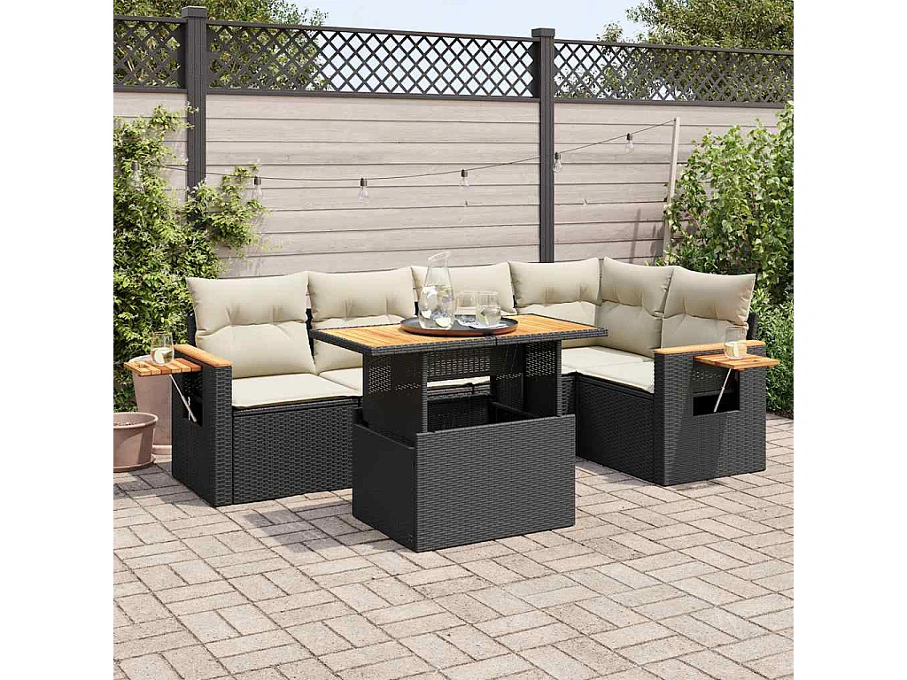 Salon de jardin 6 pcs avec coussins noir résine tressée acacia