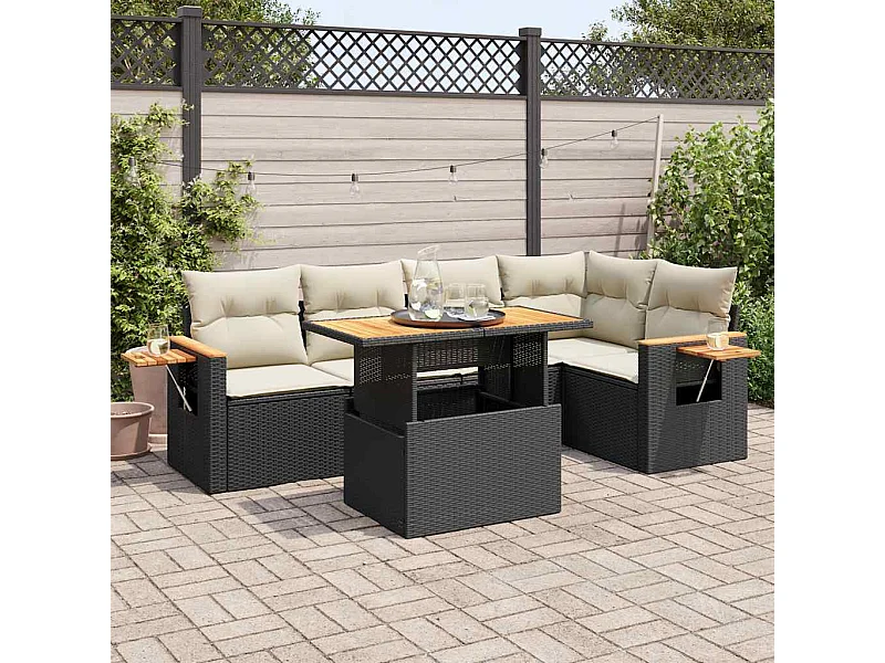 Salon de jardin 6 pcs avec coussins noir résine tressée acacia