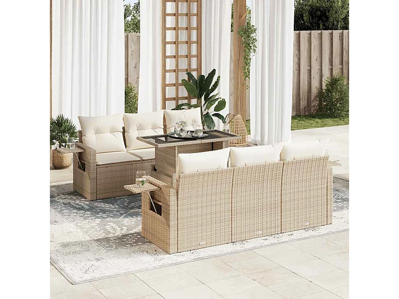 Salon de jardin avec coussins 7 pcs beige résine tressée