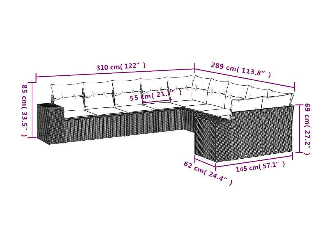 Conjunto de muebles de jardín de 10 piezas con cojines marrones en resina trenzada