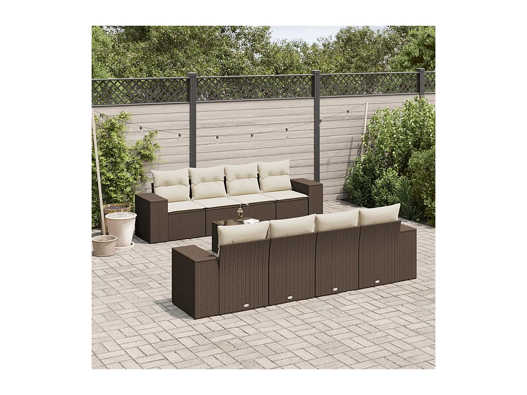 Salon de jardin avec coussins 9 pcs marron résine tressée