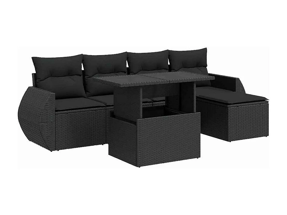 Conjunto de muebles de jardín de 6 piezas con cojines negros en resina trenzada