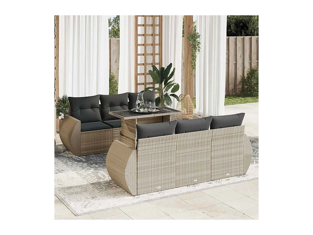 Salon de jardin avec coussins 7 pcs gris clair résine tressée