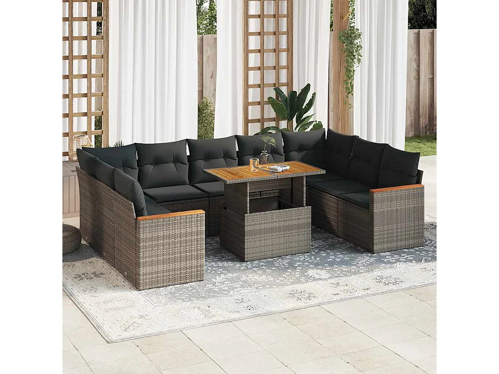 Salon de jardin avec coussins 10 pcs gris résine tressée acacia