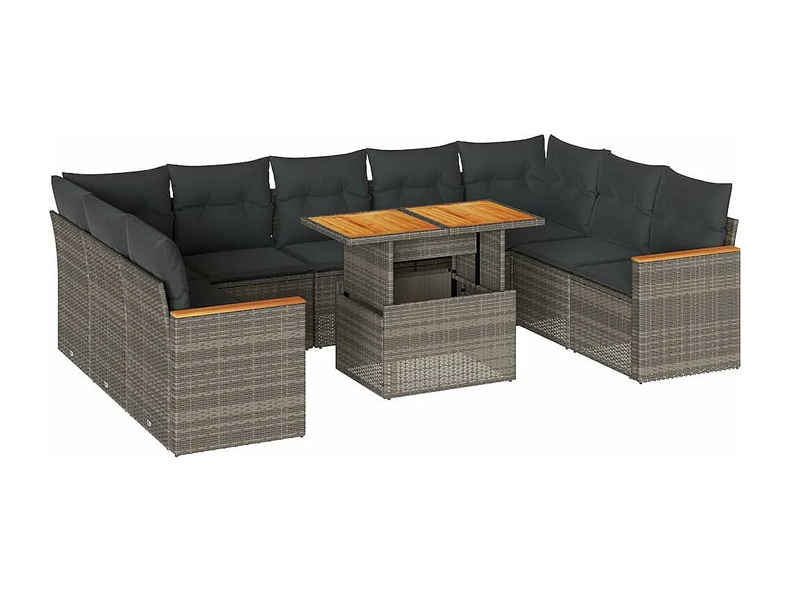 Salon de jardin avec coussins 10 pcs gris résine tressée acacia