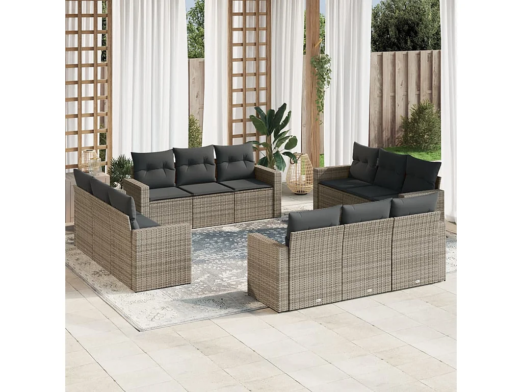 Set mobili da giardino con cuscini 12 pz in resina intrecciata grigia