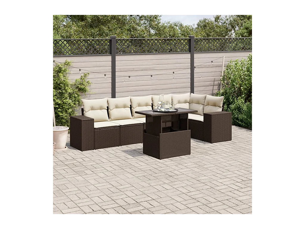 Conjunto de muebles de jardín con cojines 7 piezas resina mimbre marrón