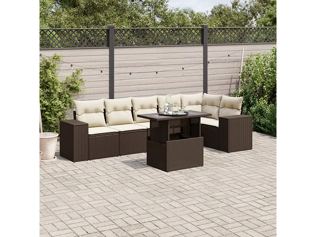 Set mobili da giardino con cuscini 7 pz in resina vimini marrone
