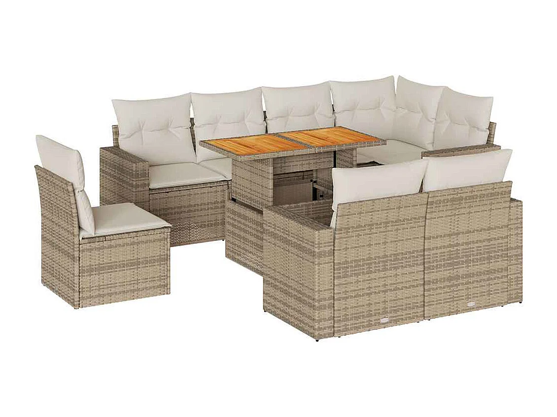 Set mobili da giardino con cuscini 9 pezzi in resina intrecciata beige