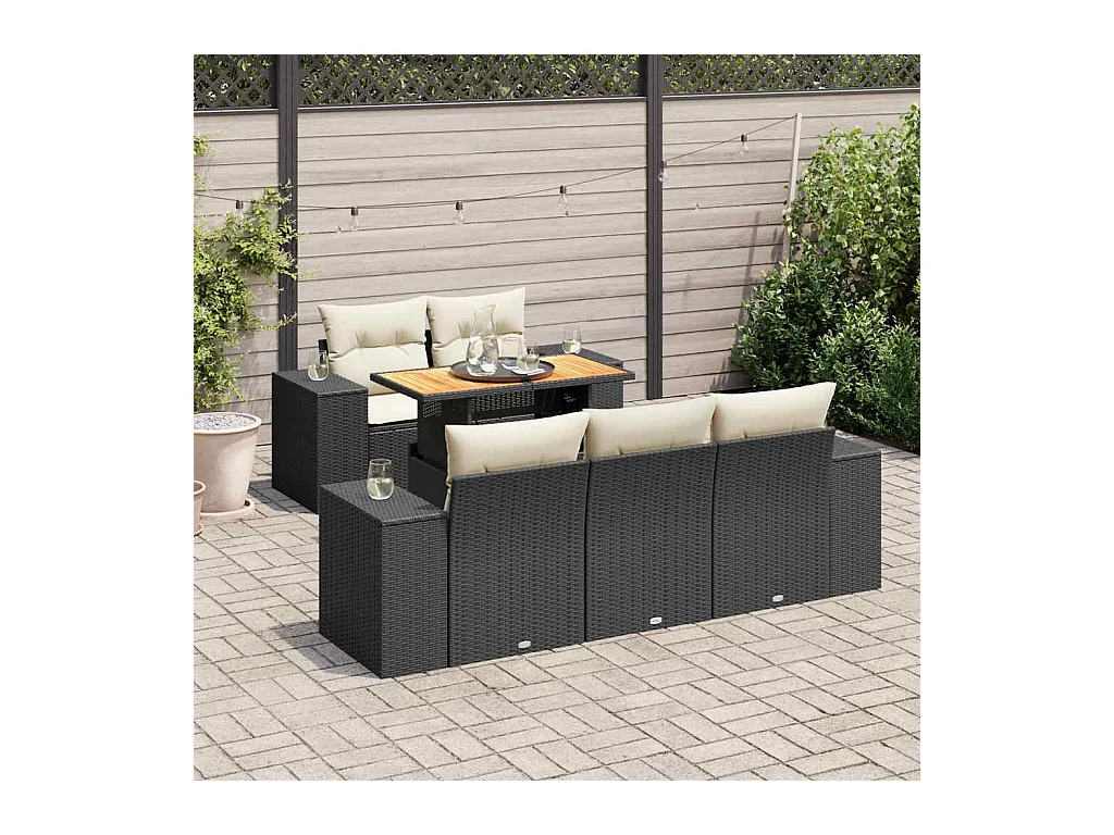 Conjunto de muebles de jardín de 6 piezas con cojines negros en resina trenzada